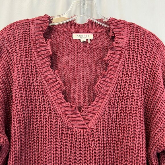 Andree by Unit Womens V-Neck Long Sleeve Distressed Knit Sweater Wine M - Picture 3 of 9